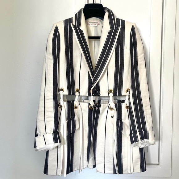 Alexander McQueen Striped Cotton & Linen Jacket with Eyelets in Ivory Size XS - Picture 2 of 10